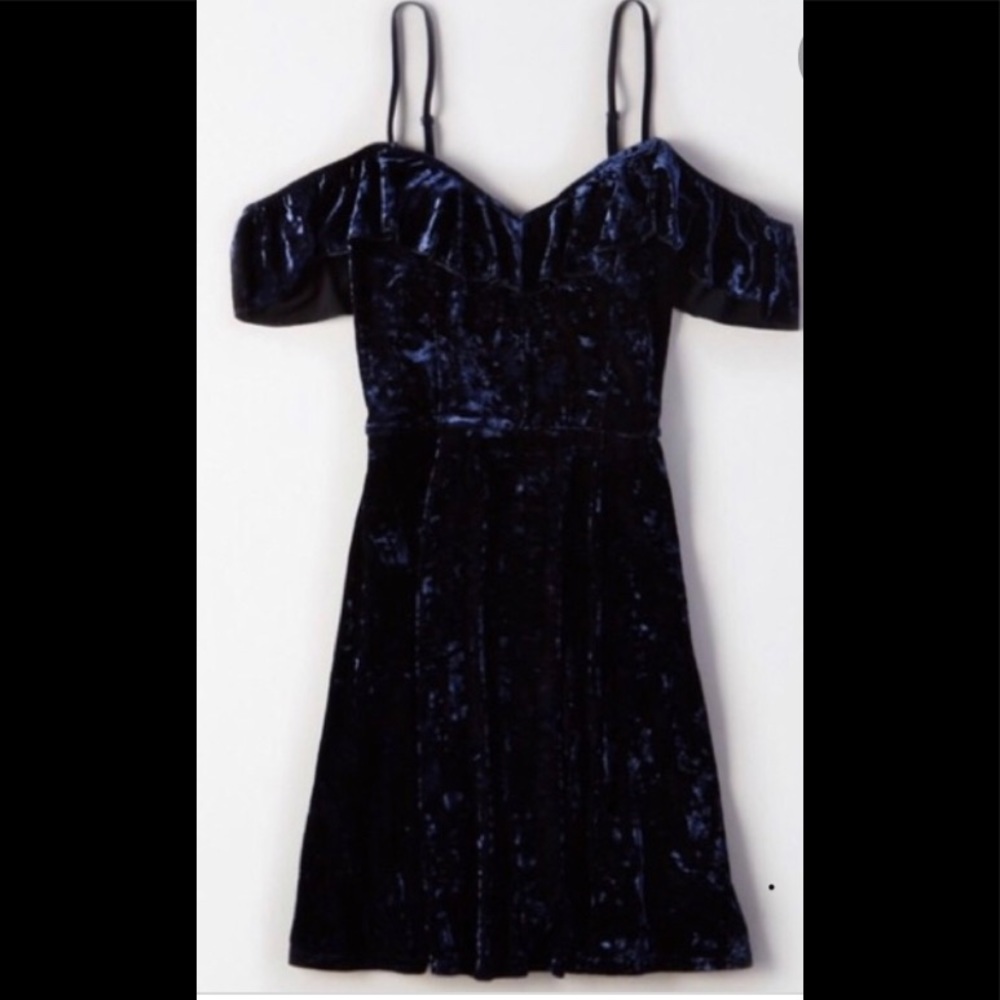 AE Blue Velvet Off Shoulder Dress